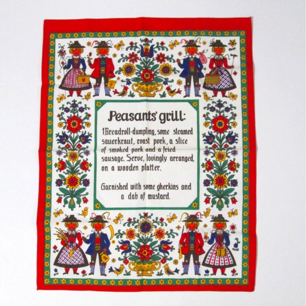 Vintage Peasants Grill Austrian Tea Towel German Recipe Dutch Print 18 x 23